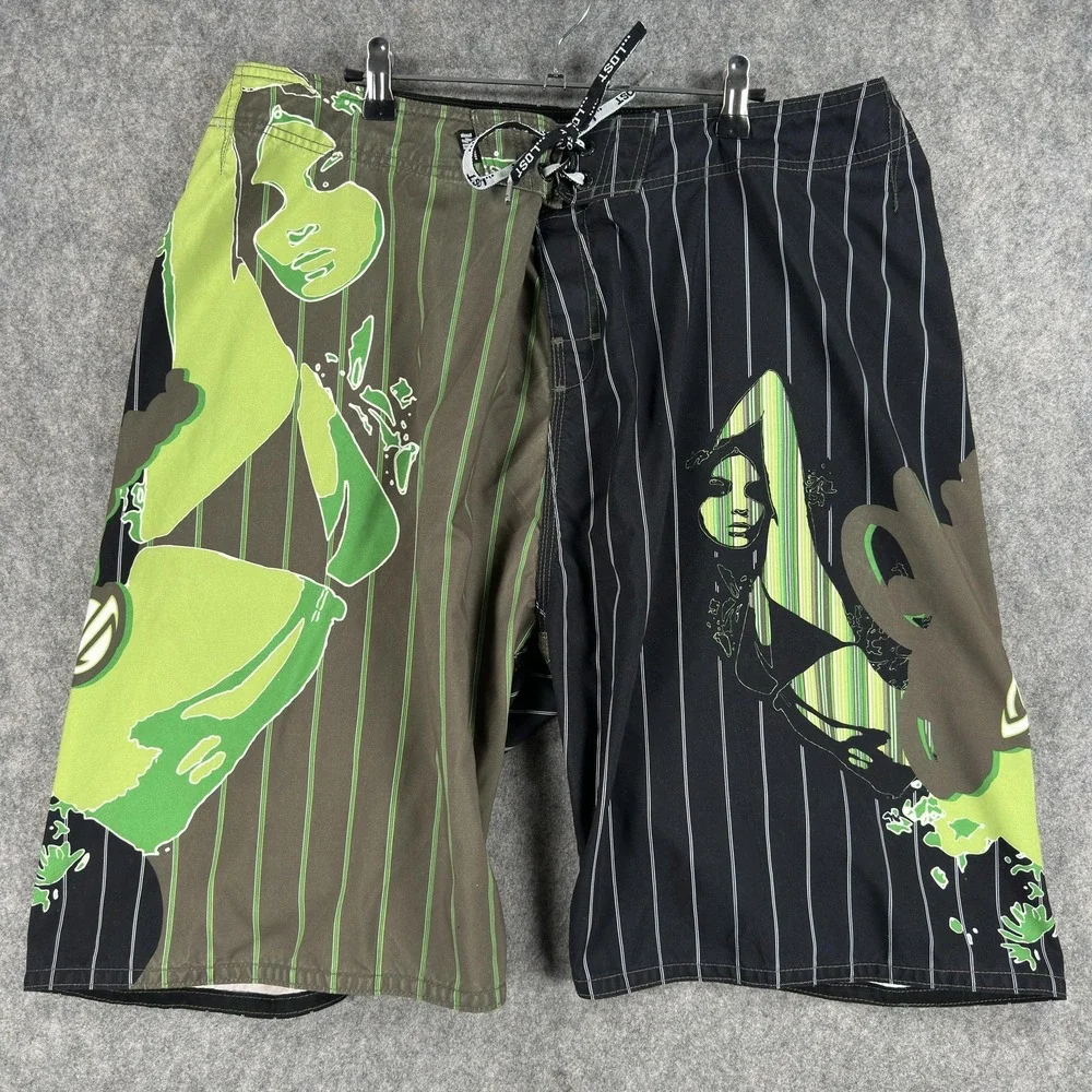 Lost Board Shorts Mens 40 Multicolor Pinstripe Girl Graphic Surf Beach Y2K